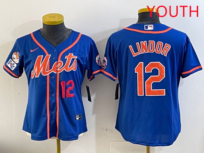 Youth New York Mets #12 Lindor Blue Game Fashion 2025 Nike MLB Jersey style 3